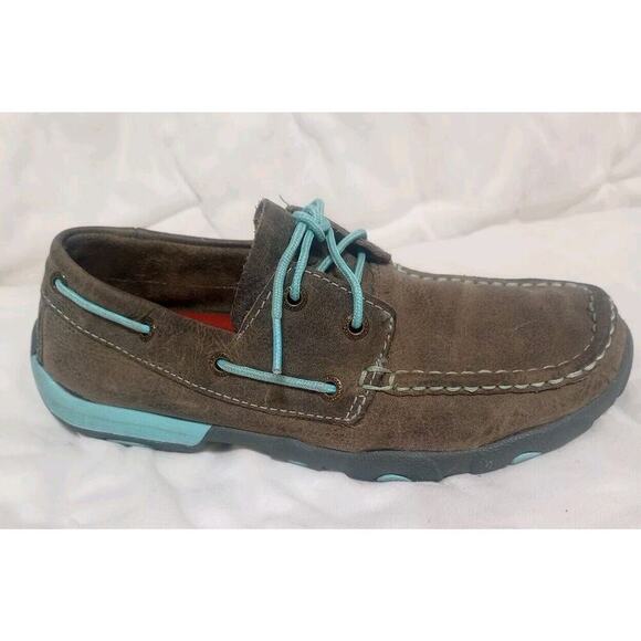 Twisted X Moc Driving Boat Shoe WDM0098 Womens 6.5 M Gray Leather Turquoise Lace - Picture 2 of 8